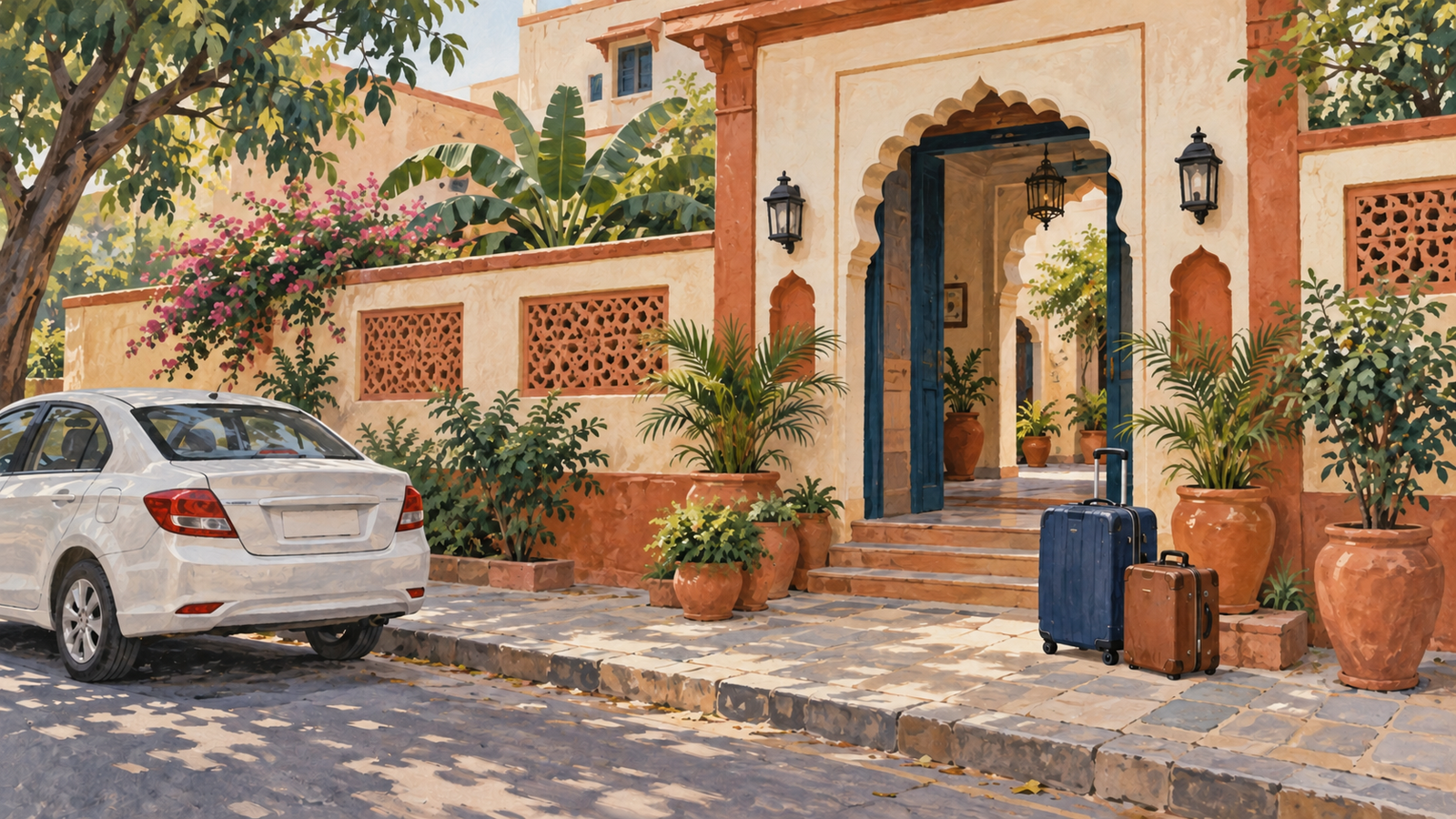 Illustration d’un hôtel imaginaire avec une entrée en arc, des valises et une voiture près du trottoir.