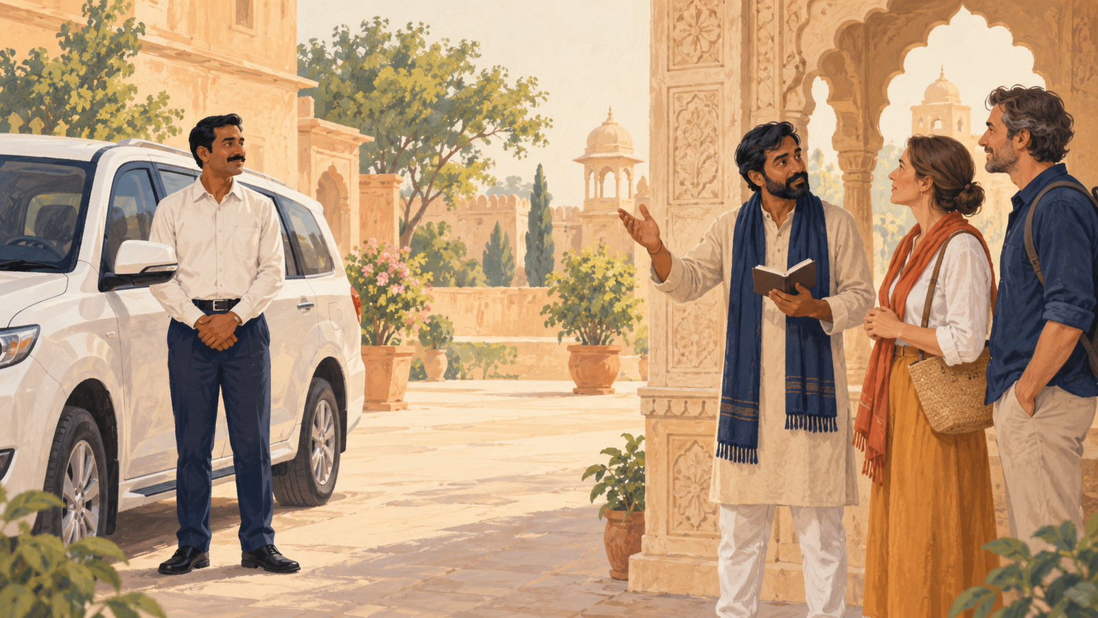 Illustration originale d’un chauffeur près d’une voiture et d’un guide accompagnant deux voyageurs dans une cour imaginée