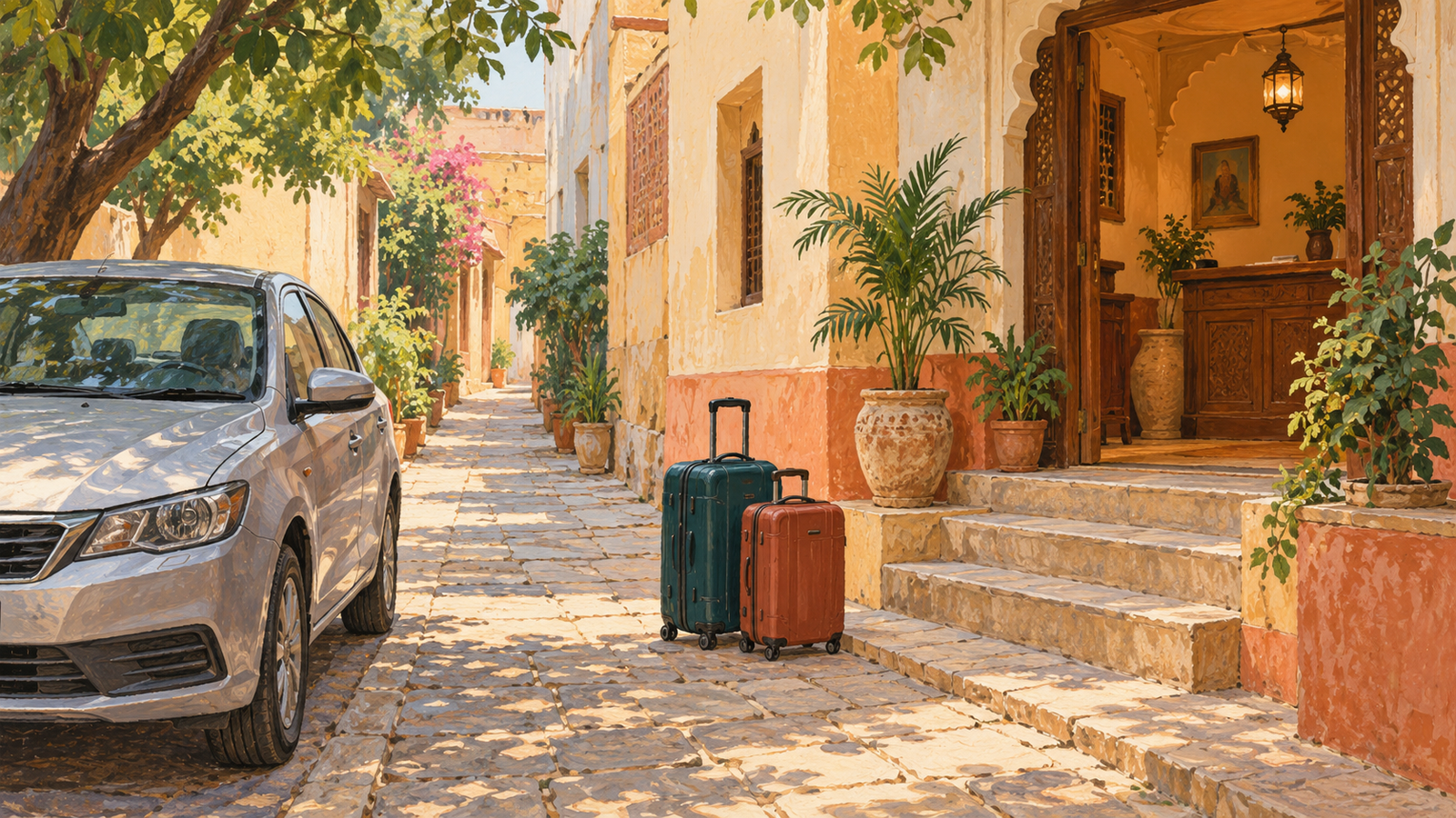 Illustration d’une voiture, de deux valises et de marches entre une ruelle et la réception d’un hôtel imaginaire.