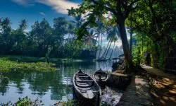 A scenic view of boats under a blue sky in backwaters situated in Allepey town located in Kerala state, India