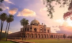 View of Humayun’s Tomb at Sunrise. Humayun’s Tomb is fine example of Great Mughal architecture, UNESCO World Heritage, Delhi, India.