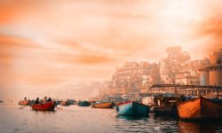 View of the Ganges river and Varanasi at sunrise. India